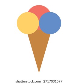 Icono de cono de helado simple con cucharadas de colores. Ilustración minimalista plana para alimentos, postres, verano y conceptos dulces