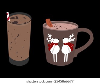 simple iced chocolate drink and cinnamon hot chocolate with christmas themed glass. christmas, happy and relax. black background