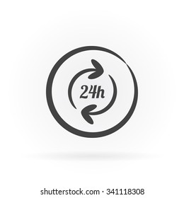 Simple icon of 24h and arrows in circle with shadow.
