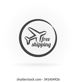 Simple icon of airplane in circle with shadow.