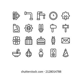 Simple icon of Architecture and Birtday-related line icon. Contain such icons as pipe, time, oil, lamp, hammer, soup, cake, pizza, and more. Editable stroke.