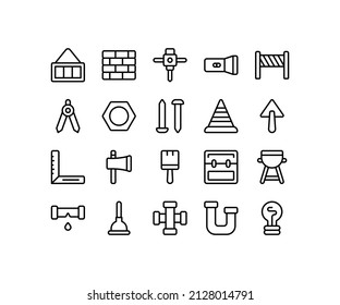 Simple icon of Architecture-related line icon. Contain such icons as wall, axe, bolt, cone, pipe, lamp, tool box, and more. Editable stroke.