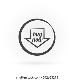 Simple icon of arrow down with buy now text in circle with shadow.