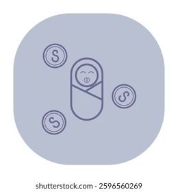 Simple icon of baby wrapped in blanket surrounded by currency symbols, conveying themes of finance and nurturing care. Early economic considerations concept