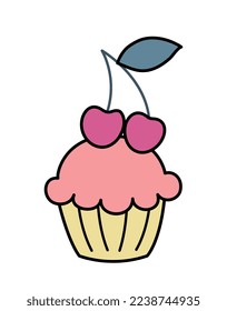 Simple icon of bakery. Delicious cupcake with fruit or berry filling in paper cup. Sweet pastry or dessert. Design element for stickers. Cartoon flat vector illustration isolated on white background