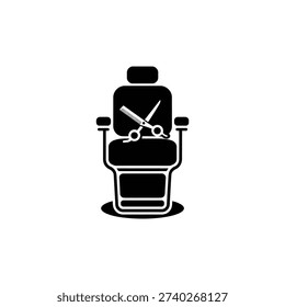 A simple icon of a barber chair with scissors and a comb on a white background