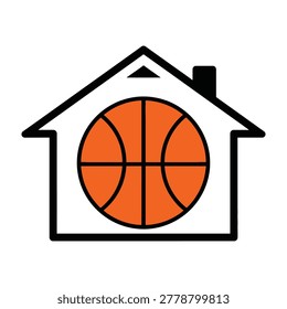 A simple icon of a basketball inside a house, symbolizing sports at home, recreation and leisure activities.
