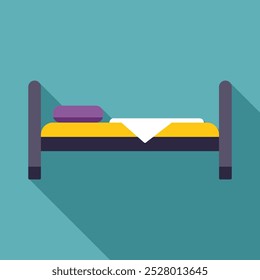 Simple icon of a bed with yellow sheets and a purple pillow, casting a long shadow