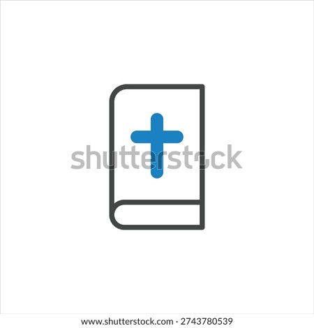 Simple icon of a bible with a blue cross on the cover, symbolizing faith, religion, and Christian beliefs.