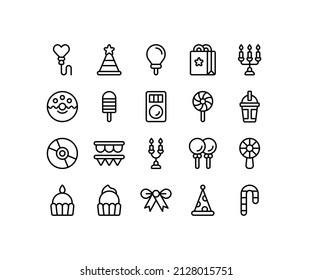 Simple Icon Of Birtday And Party-related Line Icon. Contain Such Icons As Balloon, Candle, Disk, Lollipop, Hat, Cake, And More. Editable Stroke.