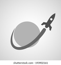 Simple icon in black color of space rocket flying near planet.