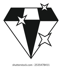 Simple icon of a black and white diamond shining with stars