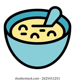 Simple icon of a blue bowl filled with soup and a spoon resting on top