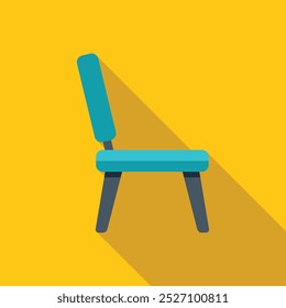 Simple icon of a blue chair with long shadow on yellow background, perfect for a furniture store or interior design project