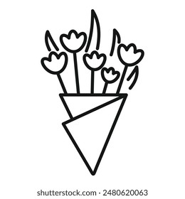 Simple icon of a bouquet of flowers wrapped in cone shaped paper, perfect for representing gifting or floral arrangements