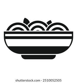 Simple icon of a bowl brimming with noodles and garnished with herbs, representing asian cuisine