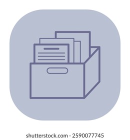 Simple icon of box filled with various paper documents. Organization and storage within office environment for paperwork management concept