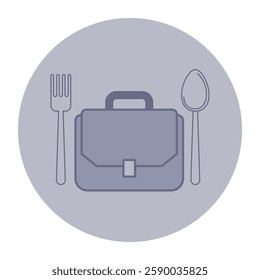Simple icon of briefcase placed between fork and spoon. Connection between food and work concept