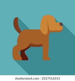 Simple icon of a brown dog standing with a long shadow on a blue background, perfect for pet related designs