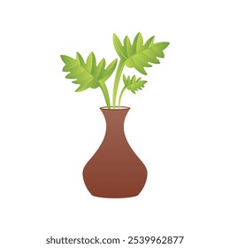 Un icono simple de un jarrón marrón con plantas de hoja verde, que simboliza la naturaleza, la decoración y la frescura. Ideal para temas relacionados con la jardinería, decoración del hogar y belleza natural.