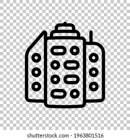 Simple icon of building, city or town, bank or office. Black editable linear symbol on transparent background