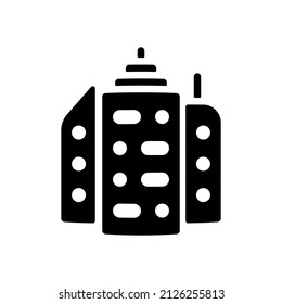 Simple Icon Of Building, City Or Town, Bank Or Office. Black Icon On White Background