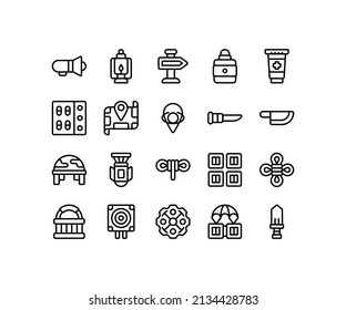 Simple icon of Building-related line icon. Contain such icons as tower, rope, passport, tent. Editable stroke.
