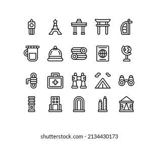 Simple icon of Building-related line icon. Contain such icons as tower, rope, passport, tent. Editable stroke.
