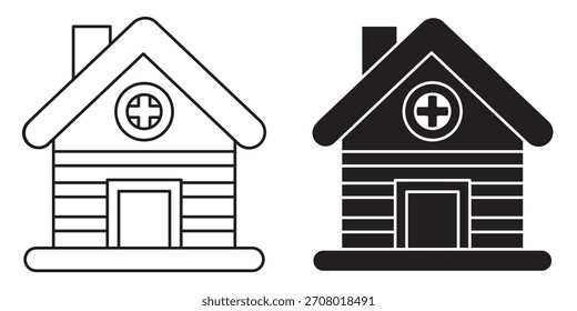 Simple icon of a cabin or house with a cross on the roof, representing a winter retreat, shelter, or charitable center during the holidays.