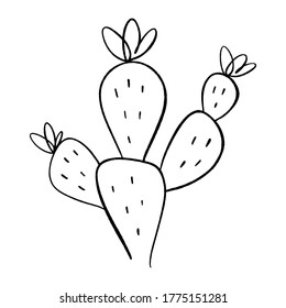 Simple Icon Cactus. One Line Drawing. House Or Wild Cactus. Black And White Clipart Vector Illustration.