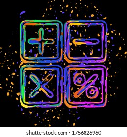 simple icon of calculator. Colored ink with splashes on black background