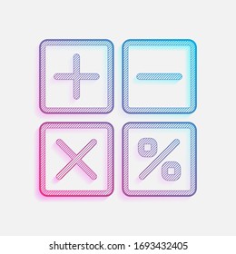 einfaches Icon des Taschenrechners. Farbiges Logo mit diagonalen Linien und blauem Farbverlauf. Neongrafik, Lichteffekt