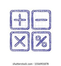simple icon of calculator. Hand drawn sketched picture with scribble fill. Blue ink. Doodle on white background