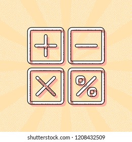simple icon of calculator. Vintage retro typography with offset printing effect. Dots poster with comics pop art background