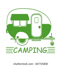 A simple icon with a camper and the words "camping". Vector illustration. For web, logo and print.