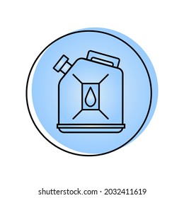 Simple icon canister with oil, gasoline, fuel in circle, blue and white background. Logo Oil Industry. Vector illustration