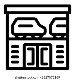 Simple icon of a car dealership building storing vehicles on its rooftop parking