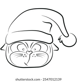 simple icon of a cat with big eyes in a Santa Claus hat drawn in line art style