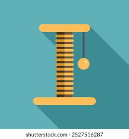 Simple icon of a cat scratching post with hanging ball, on blue background with long shadow