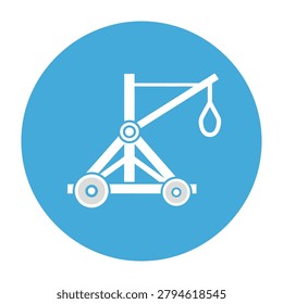 Simple icon of a catapult machine with counterweight on wheels, blue background
