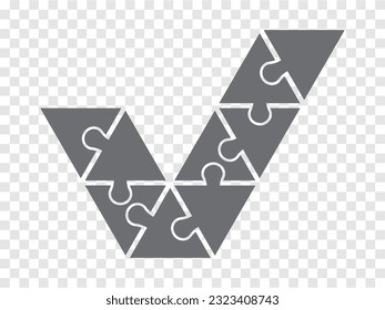 Simple icon check mark puzzle of triangles in gray. Simple icon puzzle of the fifteen elements  on transparent background for your web site design, app, UI. EPS10.