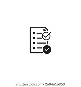 Simple Icon of a Checklist with Completed Tasks.A black and white graphic of a checklist document with multiple check marks.