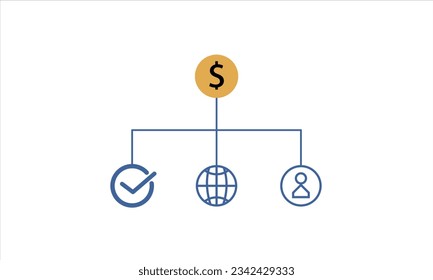  Simple icon of checklist, connections, and other poeple with yellow dollar icon. For web or apps. Isolated on white background.