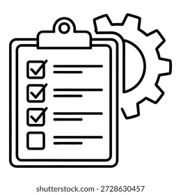 Ícone simples de uma lista de verificação com uma engrenagem simbolizando o gerenciamento de tarefas e a otimização do fluxo de trabalho