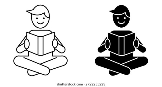 Einfache Ikone eines Kindes, das sitzt und ein Buch liest. Stellt Bildung, Lernaktivität, Lesegewohnheit und frühe Entwicklung im Kindesalter dar.