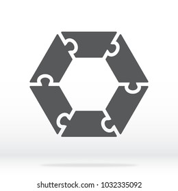 Simple icon circle puzzle in gray. Simple icon hexagon puzzle of the six elements. Flat design. Vector illustration EPS10.
