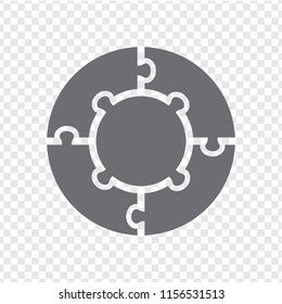 Simple icon circle puzzle in gray. Simple icon circle puzzle of the four  and center elements on transparent background. Flat design. Vector illustration EPS10.