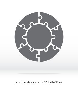 Simple icon circle puzzle in gray. Simple icon circle puzzle of the six pieces and center on gray background. Flat design. Vector illustration EPS10.