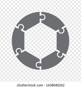 Simple icon circle puzzle in gray. Simple icon puzzle of the six elements on transparent background. Flat design. Vector illustration EPS10.