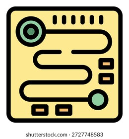 Icono simple de una placa de circuito, que potencialmente representa una placa base, con una línea verde sinuosa que conecta diferentes componentes